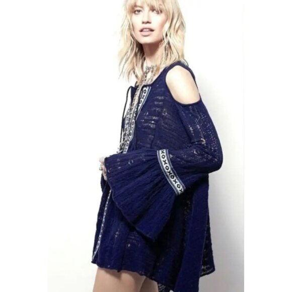 Free People Navy Blue Embroidered Bell Sleeve Cold Shoulder Tunic Mini Dress - Picture 1 of 15